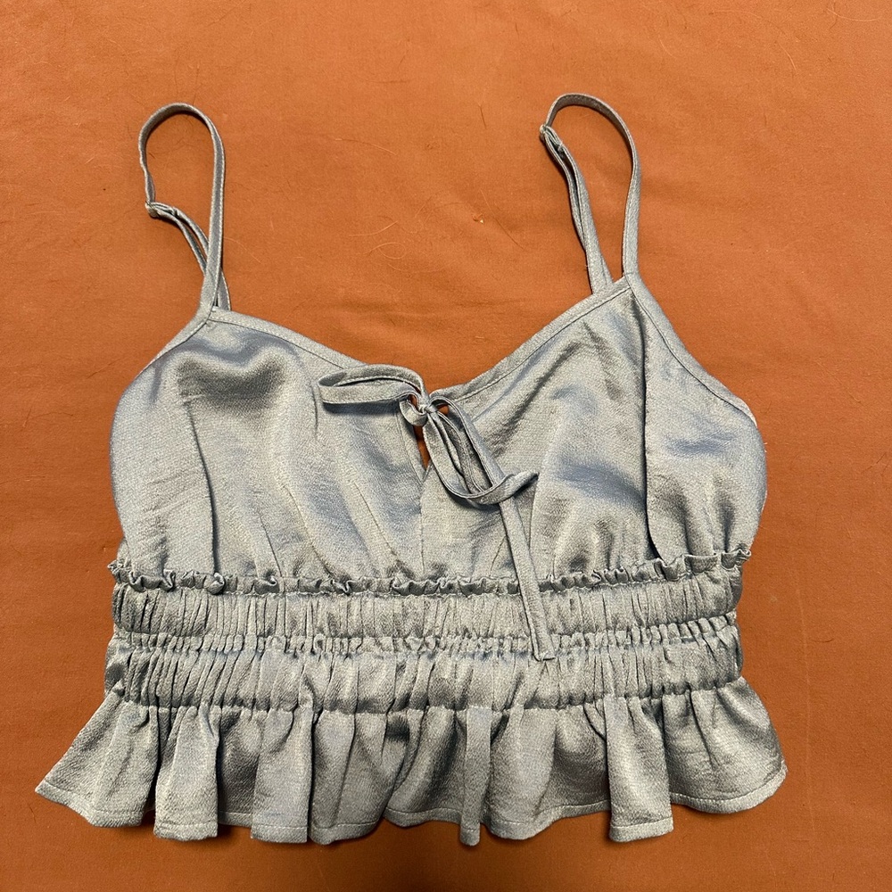 Women's Metallic Blue Smocked Ruffle Cami Top